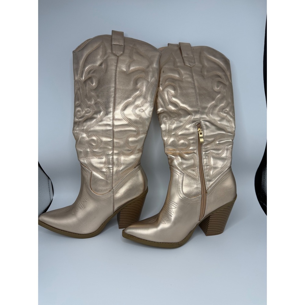 Berness Arizona Metallic Gold Western Cowboy Boots Pointed Toe Block Heel 6.5